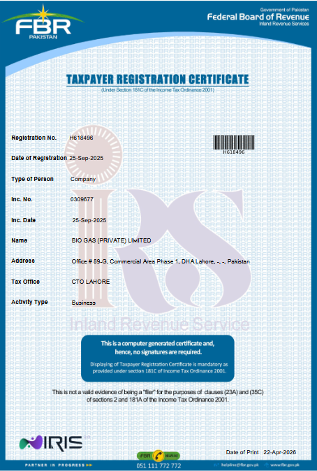 BIO GAS (Pvt) Ltd NTN Number Certificate