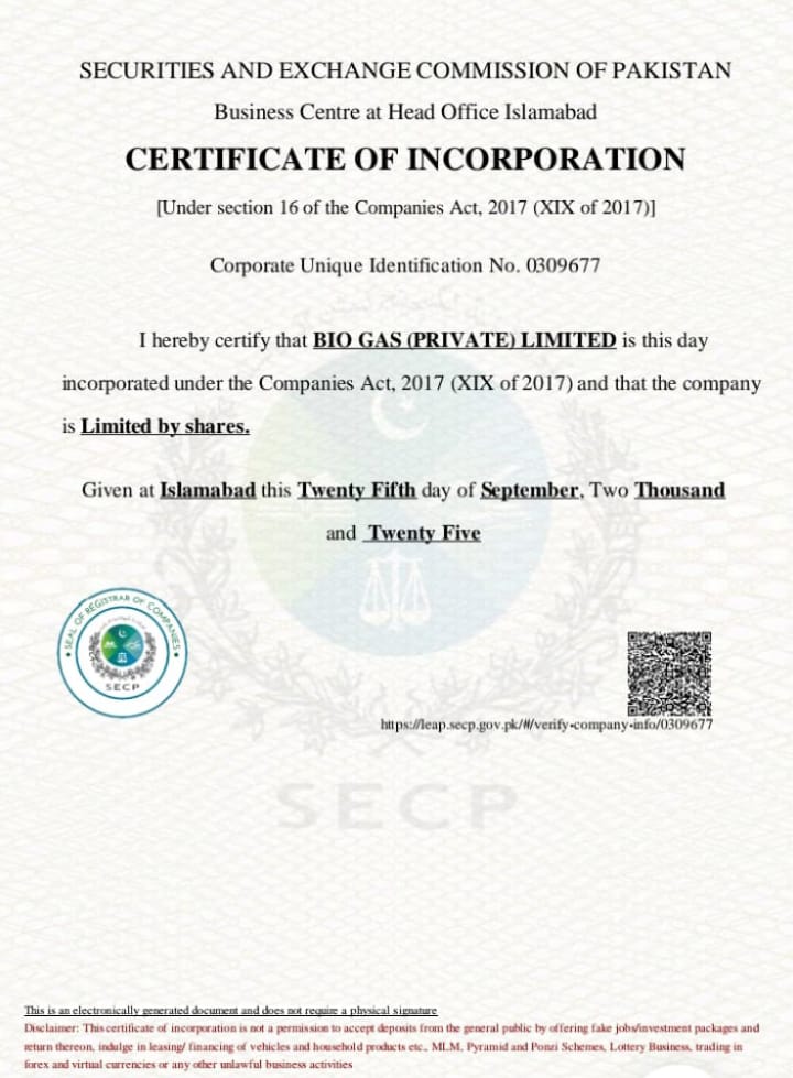 BIO GAS (Pvt) Ltd Official Certificate
