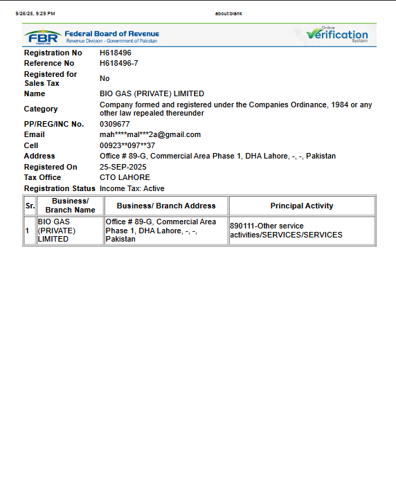 BIO GAS (Pvt) Ltd NTN Certificate